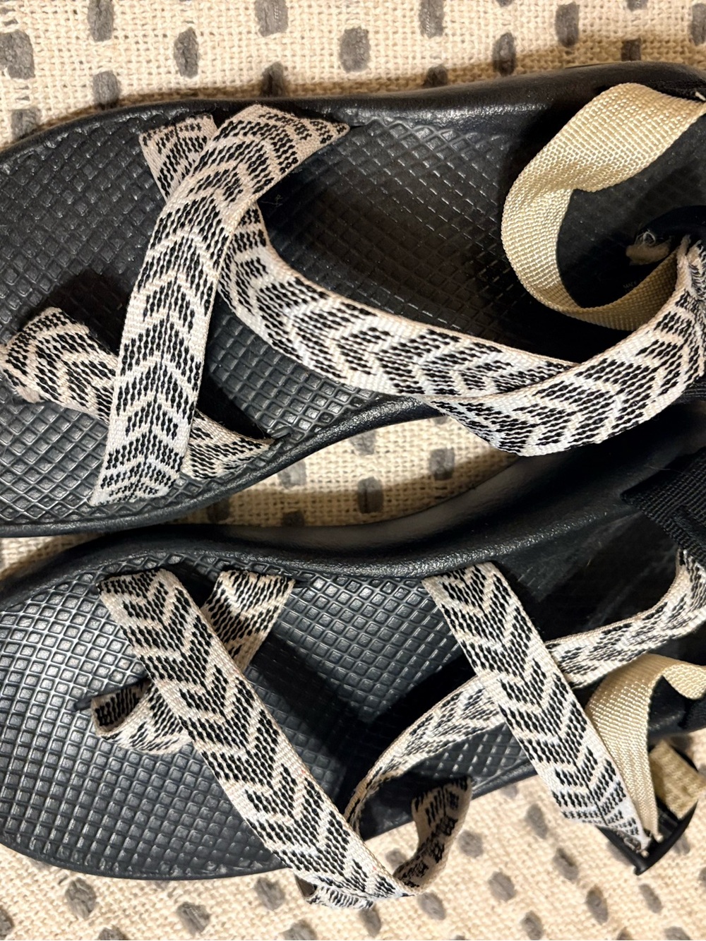 Chaco Black Sandals with Cream and Black Patterned Straps